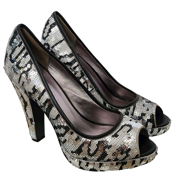 COACH Ashley Sequined Animal Print Open‎ Toe Platform Pumps Women's Size 7.5B - Picture 2 of 14